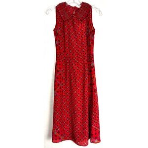 Label Ritu Kumar Red Multi Check Beaded Collar Sleeveless Midi Dress 1/XS 2490